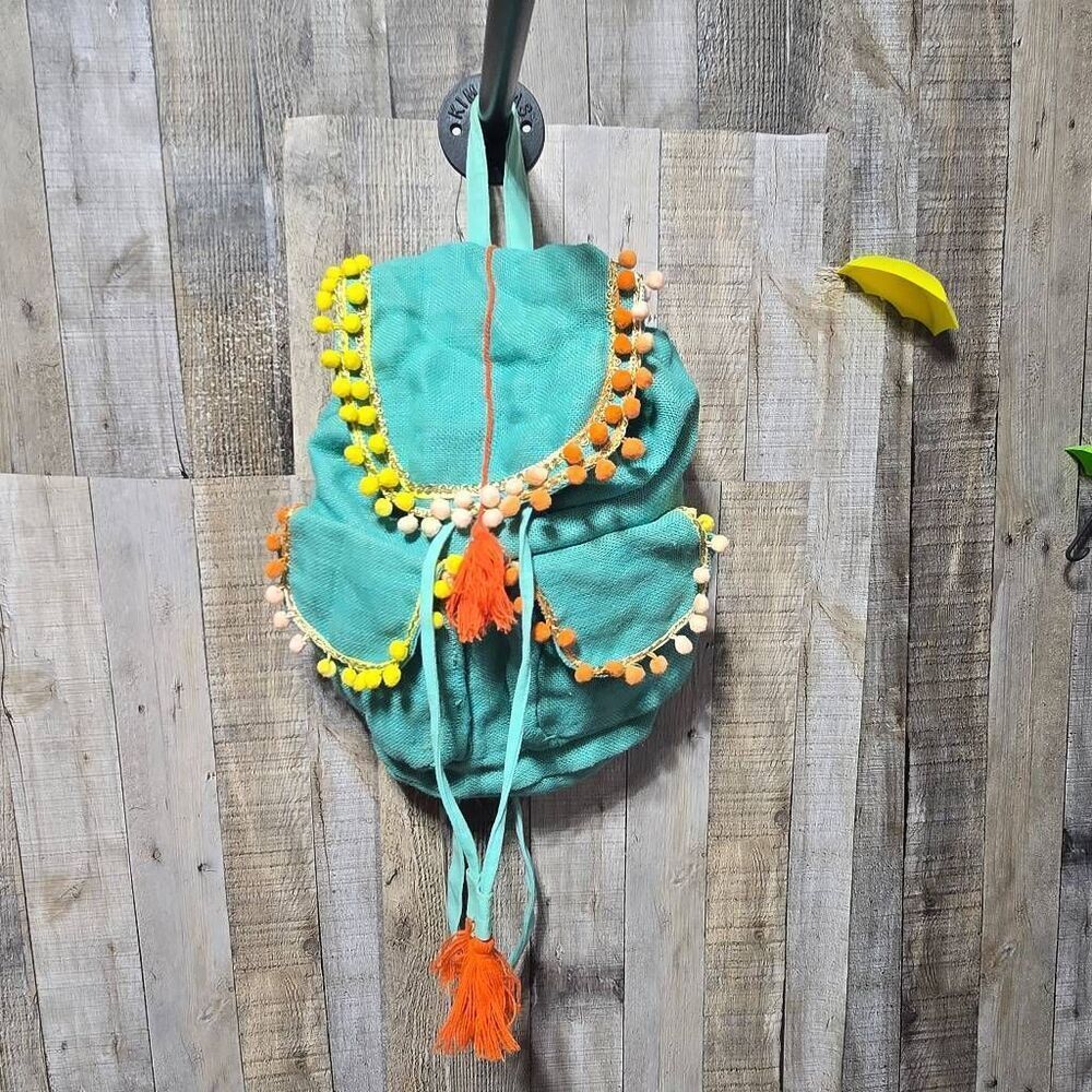 America & Beyond Teal Tassel Fringe Jute Backpack Rucksack